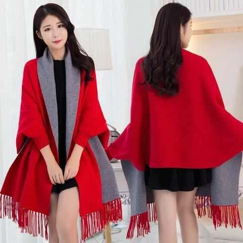 Winter Poncho with Sleeve Shawls Pashmina Red Scarf
