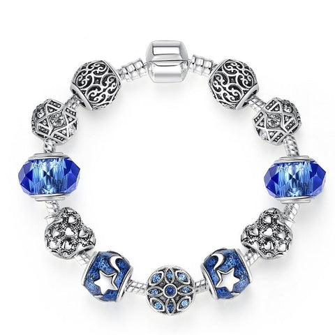 Blue Murano Glass Beads Crystal Round Charm Bracelet