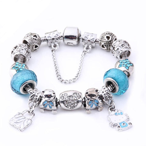 Blue Glass CZ  Bracelet with Silver Plated Snake Chain